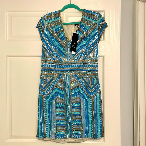 Parker heavily beaded embellished sequin  vneck turquoise blue mini dress NWT - Picture 1 of 5
